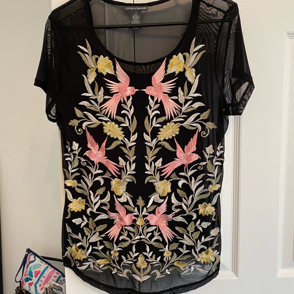 Black mesh embroidered top